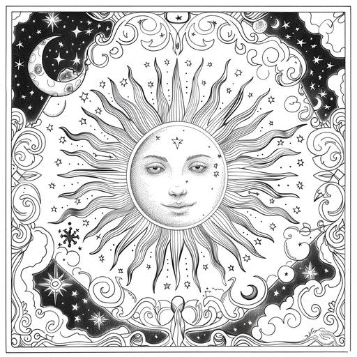 Celestial sun and moon design with intricate details
