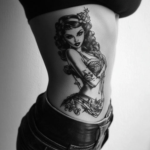Side tattoos for women with vintage pin-up and nautical elements