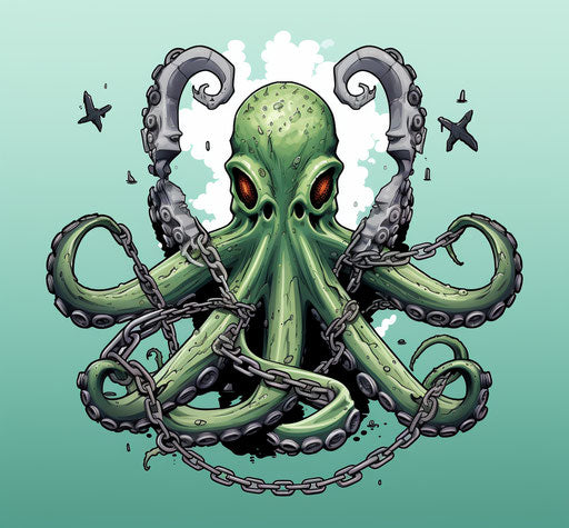 Octopus holding anchor with teeth, dystopian style