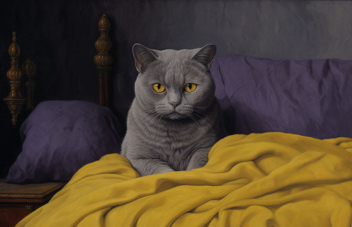 Grey cat and white pillow on a white bed, dark yellow and dark purple style