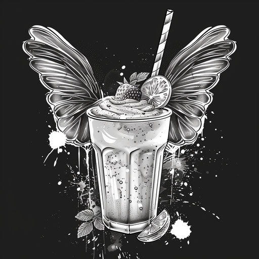 Smoothie clipart in photorealistic style with flat random background, monochrome palette, and detailed wings