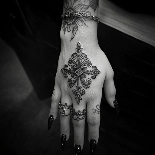 Cross tattoo on hand with mandala designs, Merian style