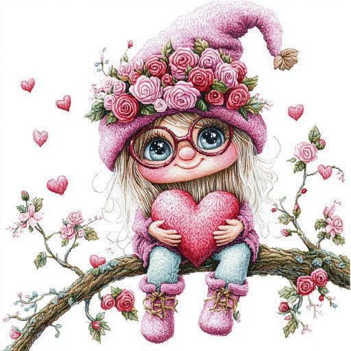 Adorable gnome girl in pink with hat full of roses and heart