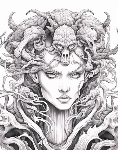 Medusa coloring pages and drawing of someone in Medusa style