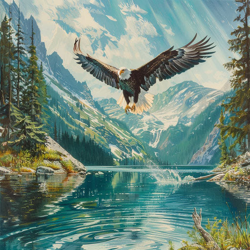 Bald eagle dives catch prey alpine crystal lake