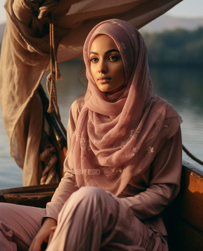 Muslim woman on boat, y2k aesthetic, purple and brown tones