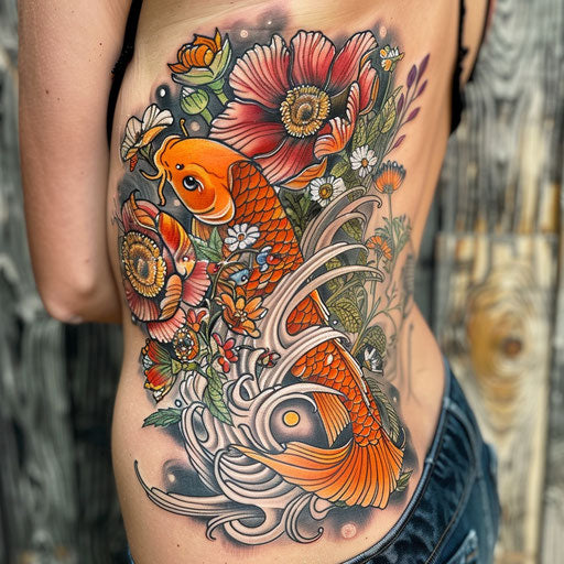Wildflower tattoo with koi fish, flowing design, vibrant colors, Japanese style
