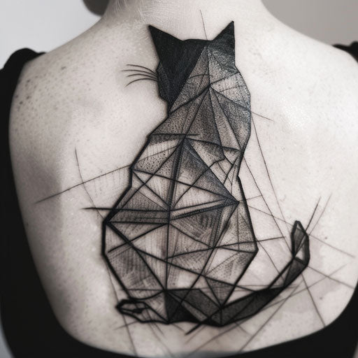 Abstract geometric black cat tattoo on white canvas