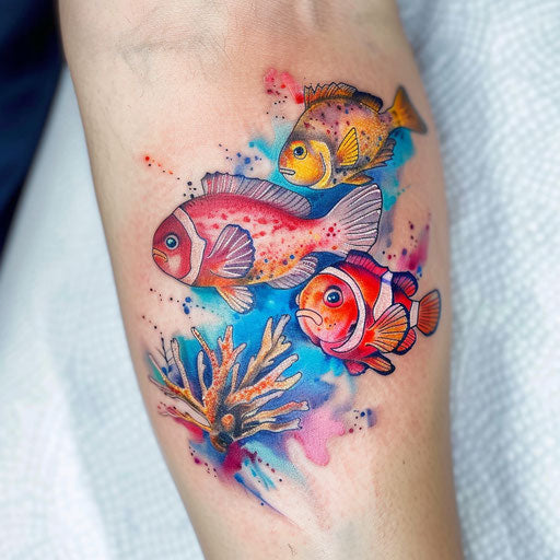 Tropical fish school swimming around coral