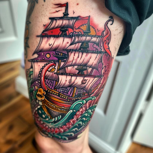 Neo-traditional tattoo of a pirate ship battling a giant kraken with vibrant colors