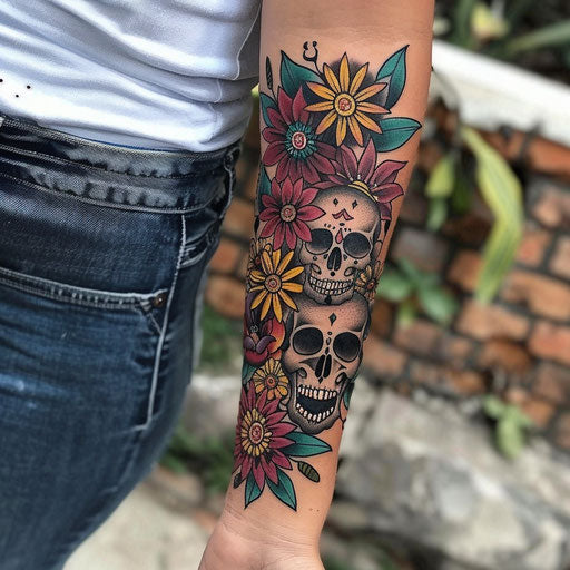 Women's forearm tattoos in the style of Ed Hardy with skulls and flowers