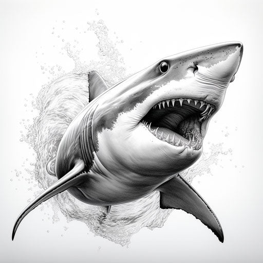 Black and white tattoos of a shark in the ocean