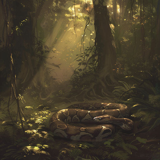 Python snake resting in a sun-dappled forest