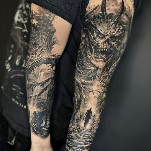 Sleeve tattoo with dark fantasy and horror elements