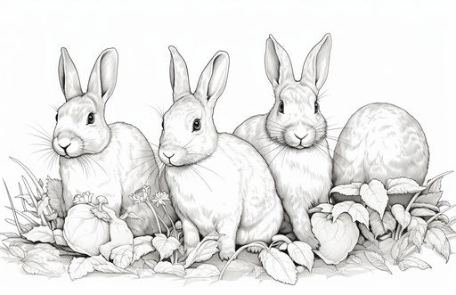 Coloring page of rabbits, Fujifilm Provia style, pensive poses