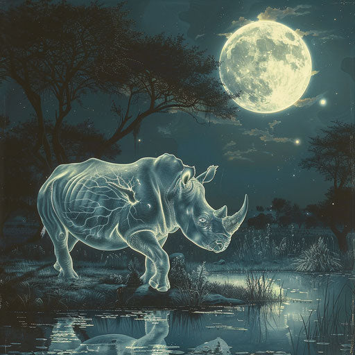 A ghostly rhino roaming a haunted savannah, under a full moon.