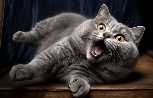 Grey cat laying upside down with tongue out, Ron English style, expressive body language