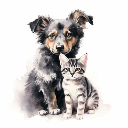 Drawing of dog and cat in the style of Chiaroscuro Art, on white background
