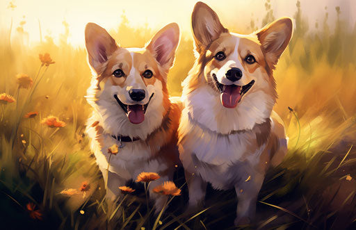 Two corgi dogs sitting in grass, light maroon and light amber style