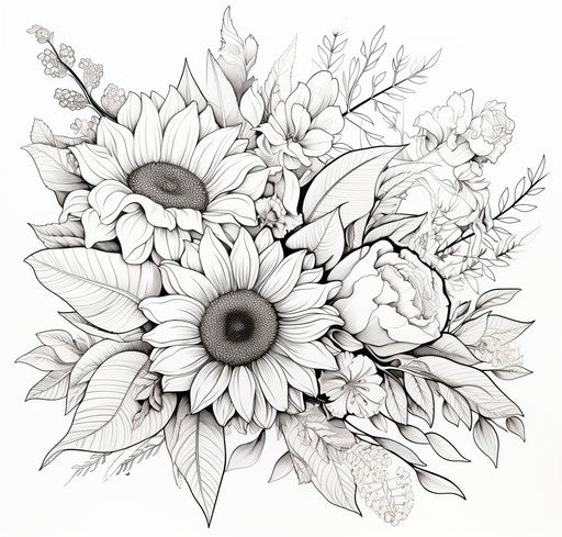 Intricate sunflower bouquet outline drawing