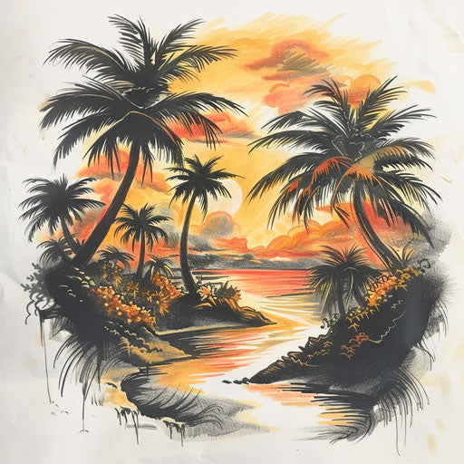 Exotic tattoo sketch of a tropical scene with palm trees and sunset