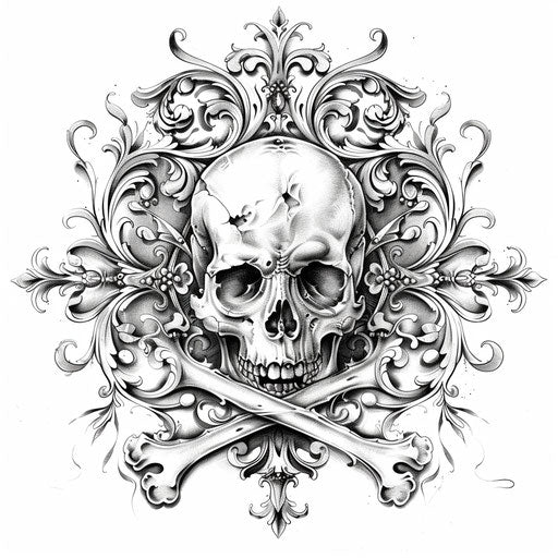Stylish tattoo sketch of the Jolly Roger with ornate scrollwork