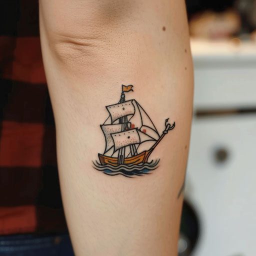 Small tattoo with a ship and anchor, in the style of Sailor Jerry