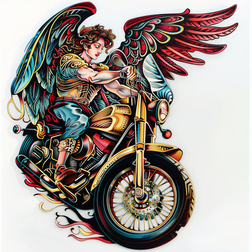 Archangel Michael and classic motorcycle in neo-traditional