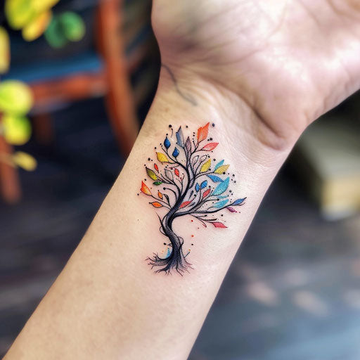 Tattoo sketch of a whimsical tree of life with colorful leaves for wrist coverup tattoo for women