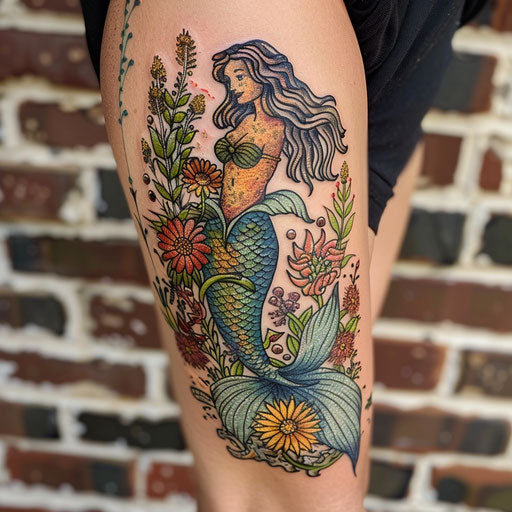 Wildflower tattoo with oceanic theme and mermaid