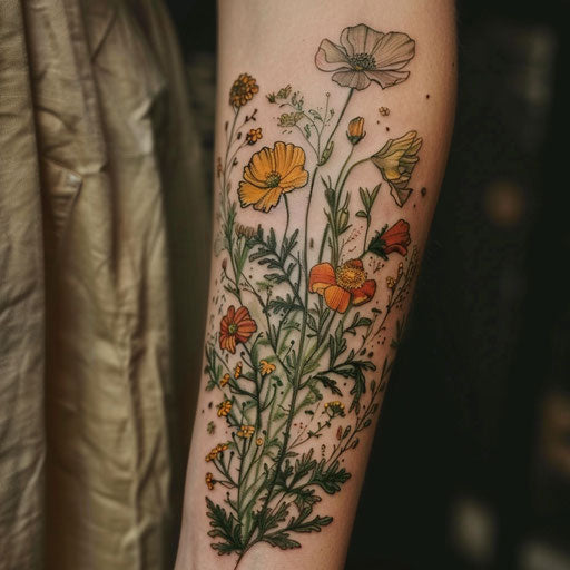 Vintage wildflower tattoo, muted colors, aged look, nostalgic feel