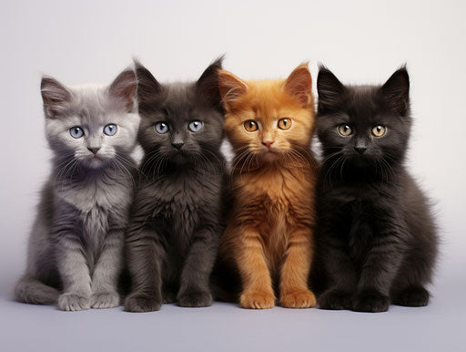 Four gray kittens, white background, dark purple and gold