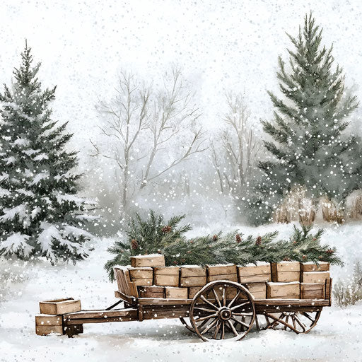 Winter scene with wooden wagon and snow-covered pines