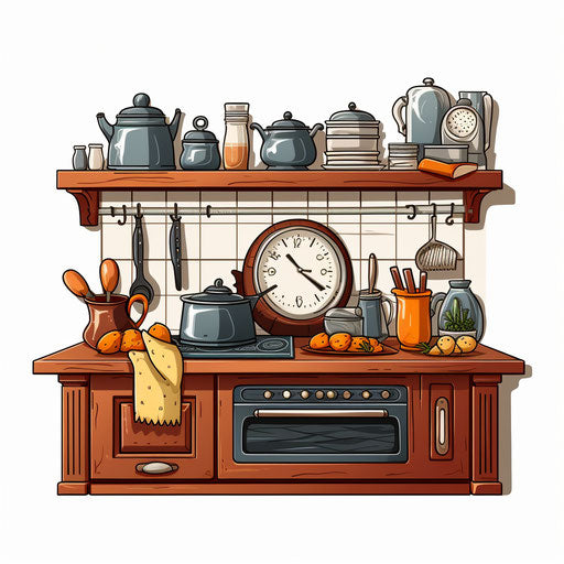 Kitchen illustration in the style of Chiaroscuro Art, white background