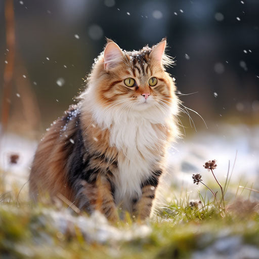 Manx cat in a field while it is snowing