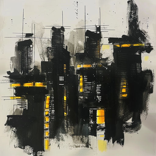 Modern sketch of a city at night, dark hues with bright yellow lights