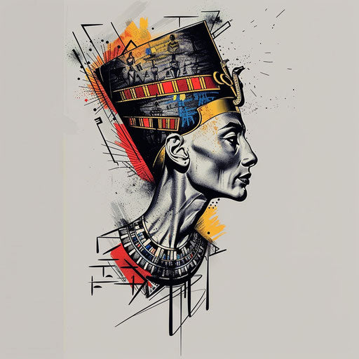 Bold flat tattoo sketch of Nefertiti with dramatic, high contrast colors