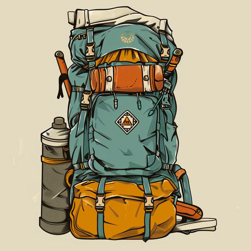 Flat sketch of a hiker's backpack equipped for an epic trek