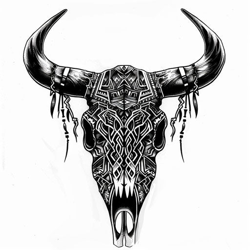 Intricate tribal bull skull tattoo design on white background