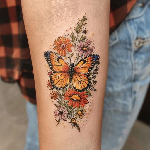 Wildflower tattoo with butterfly, colorful petals