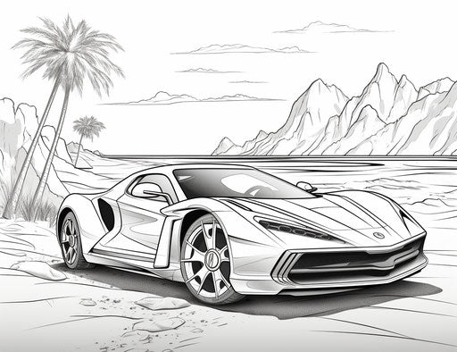 Sports car coloring pages, precisionist art style