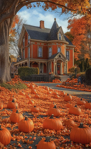 Charming New England town decorated for Halloween
