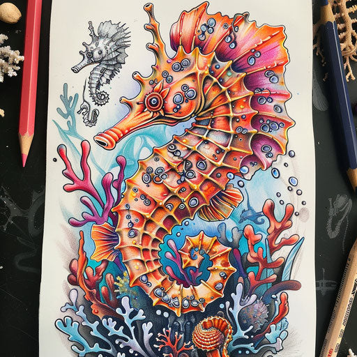 Oceanic seahorse tattoo sketch with coral and marine life in vivid, tropical colors