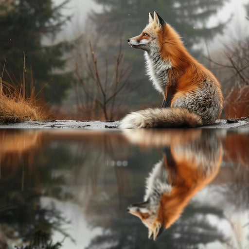 Solitary fox gazing at reflection in clear lake