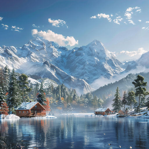 Snow capped mountain range with lake and lodges
