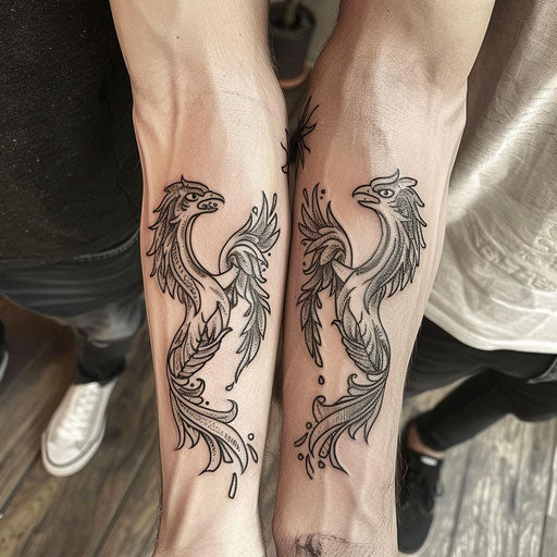 Brother and sister tattoos of a phoenix, in the style of Ami James