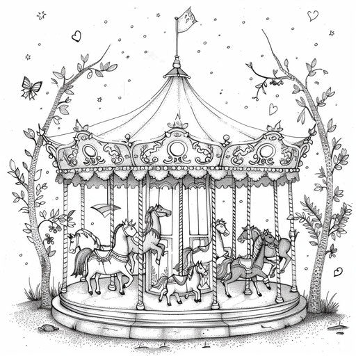 Whimsical scene of circular carousel with various animals