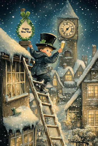 The cute little boy on the snow-covered roof