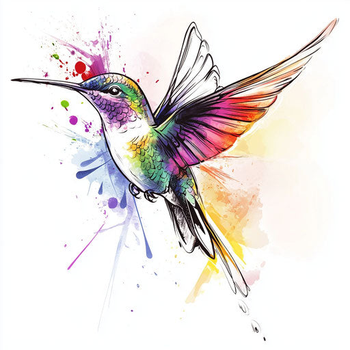 Flat tattoo sketch of a hummingbird with abstract watercolor splashes