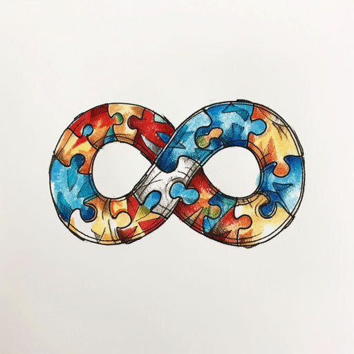 Infinity symbol intertwined with colorful autism puzzle pieces